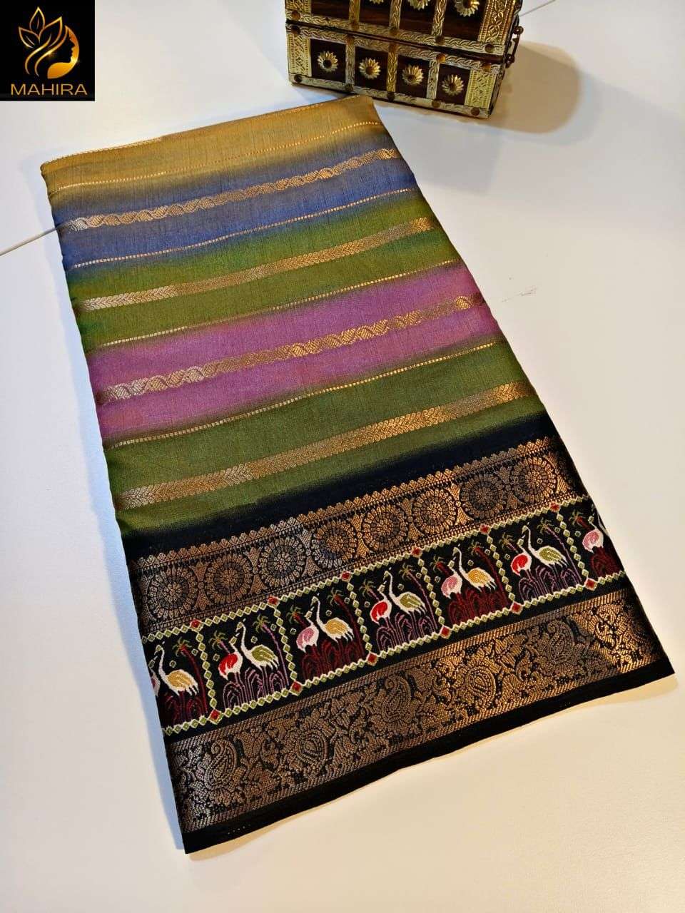 Beautiful and soft dola silk fabric with multicolored design on saree wholesale in surat rimi